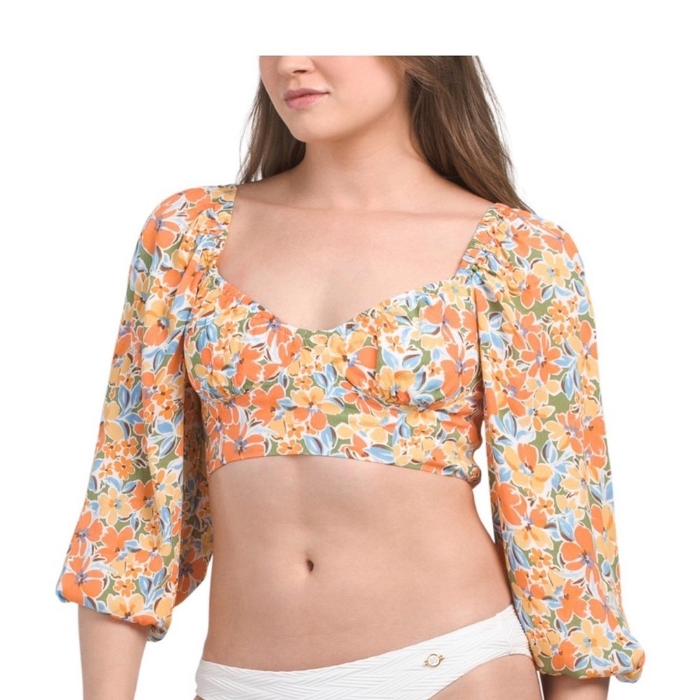 l*space Orange Floral Puff-Sleeve Crop Top